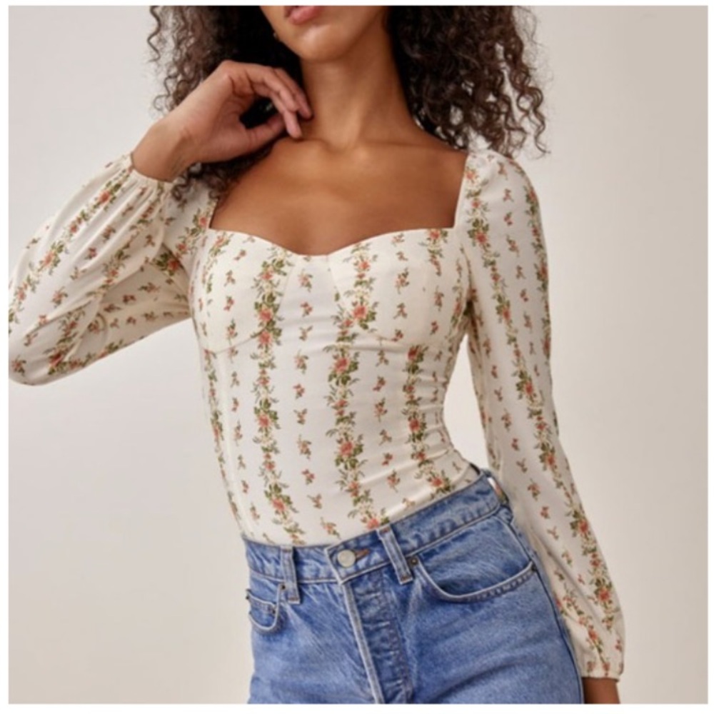 Reformation Cream Floral Square-Neck Crop Top